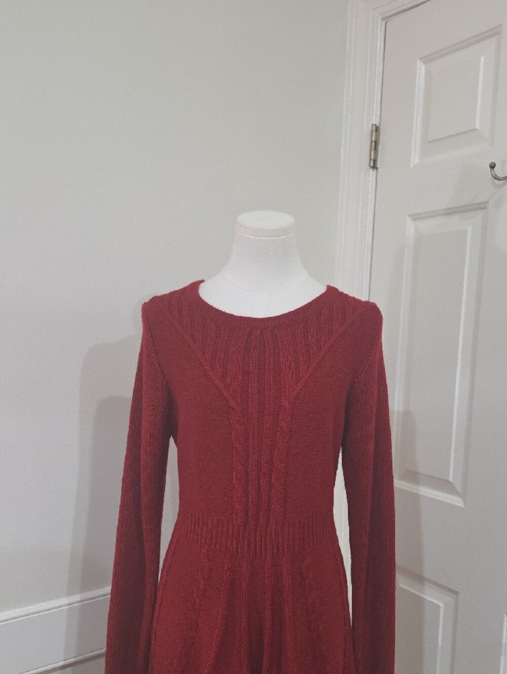 Maisolly Claret Red Cable Knit Fit & Flare Long Sleeve Sweater Dress - Size M - Picture 2 of 8